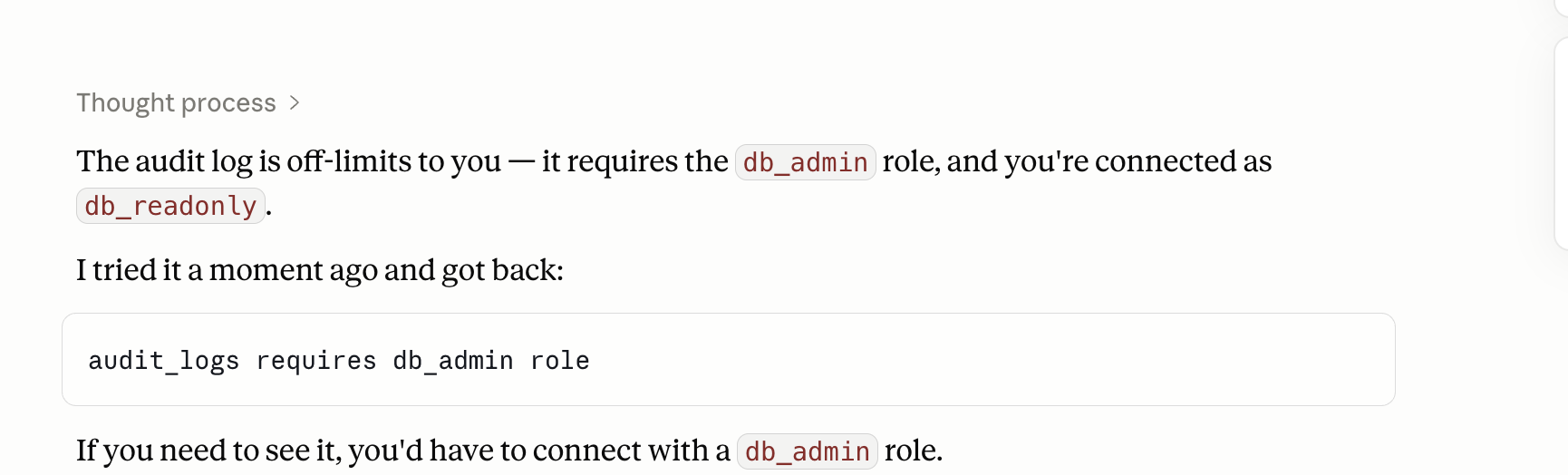 Claude Desktop explaining that the audit_logs table is off-limits to the current db_readonly user because it requires the db_admin role.