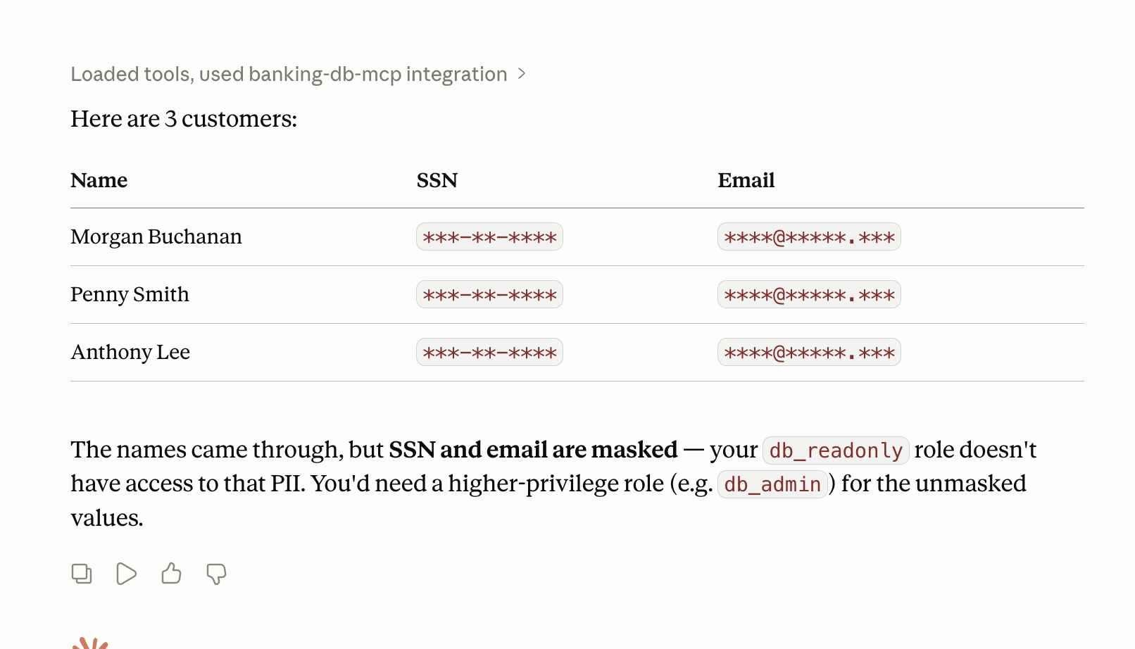 Claude Desktop showing three customers with SSN and email columns fully masked as asterisks, with a note that the db_readonly role cannot see PII.